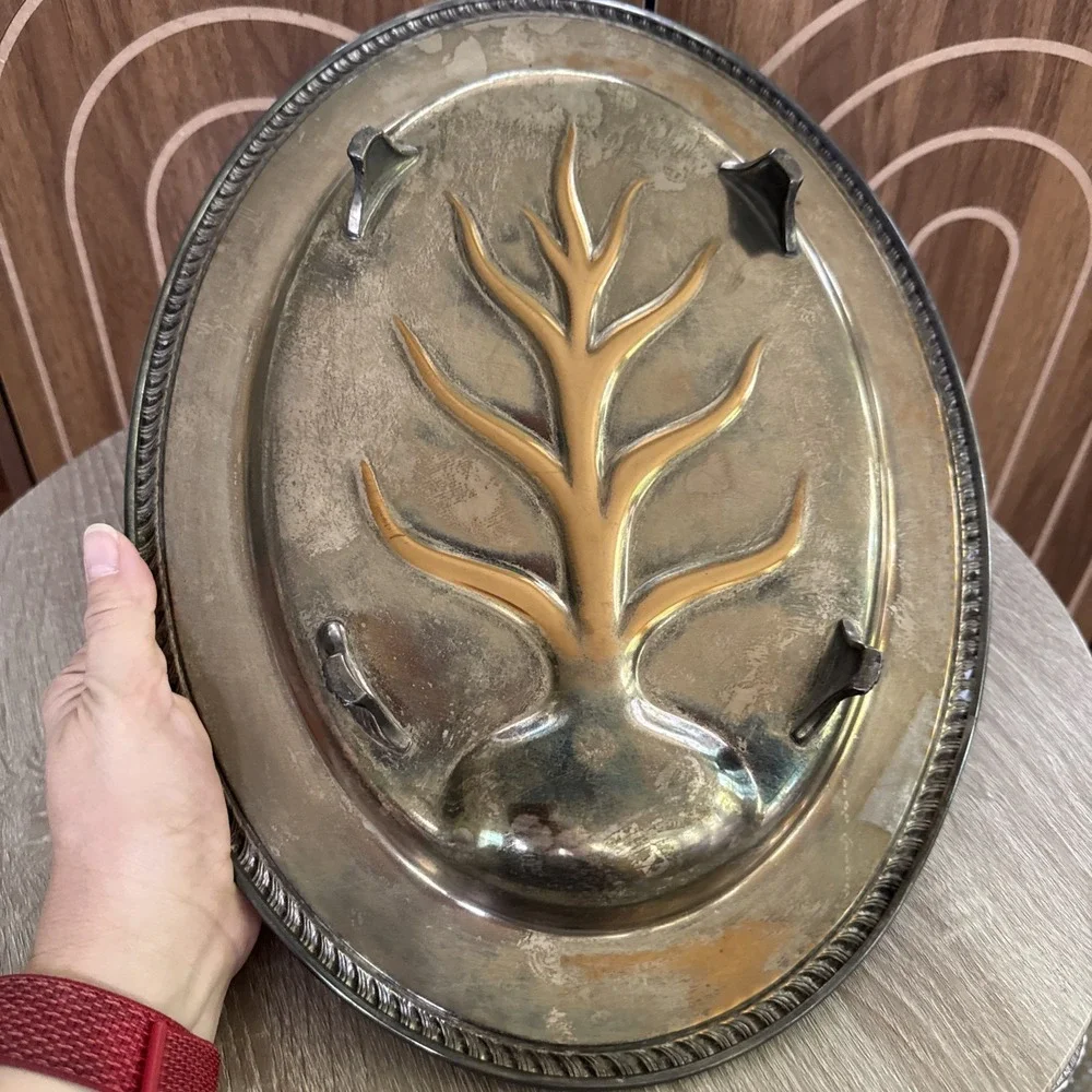 Vintage Tree of Life Metal Serving Tray Oval Footed Decorative Tray Copper
